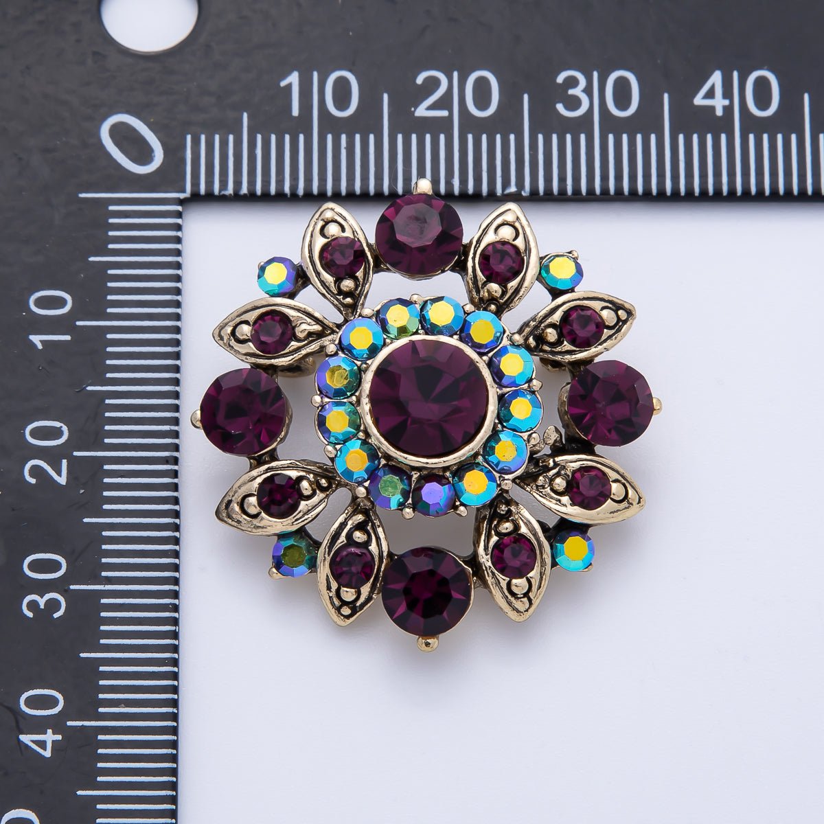 Vintage Gold 33.2mm x 31.5mm Purple Rhinestone Geometric Pin Brooch | BH - 077 - DLUXCA