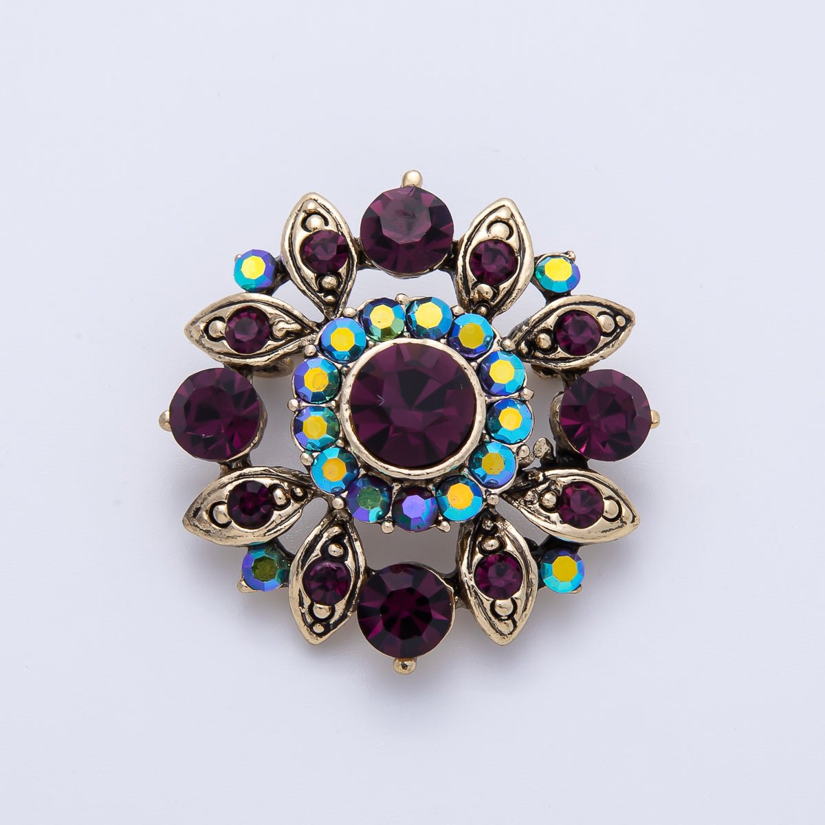 Vintage Gold 33.2mm x 31.5mm Purple Rhinestone Geometric Pin Brooch | BH - 077 - DLUXCA