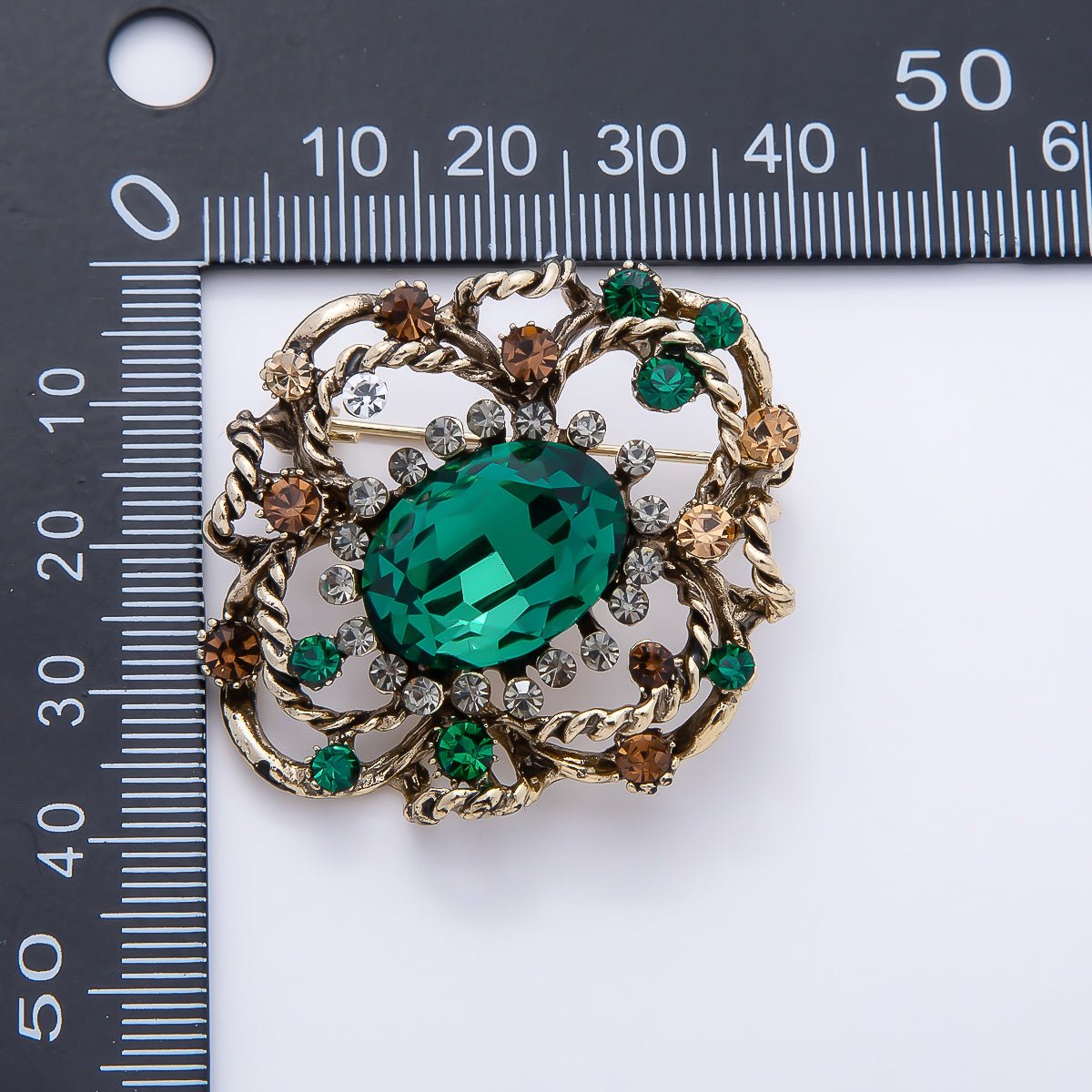 Vintage Gold 39mm Peach, Green Rhinestone Open Flower Rope Pin Brooch | BH-00165 BH-00166 - DLUXCA