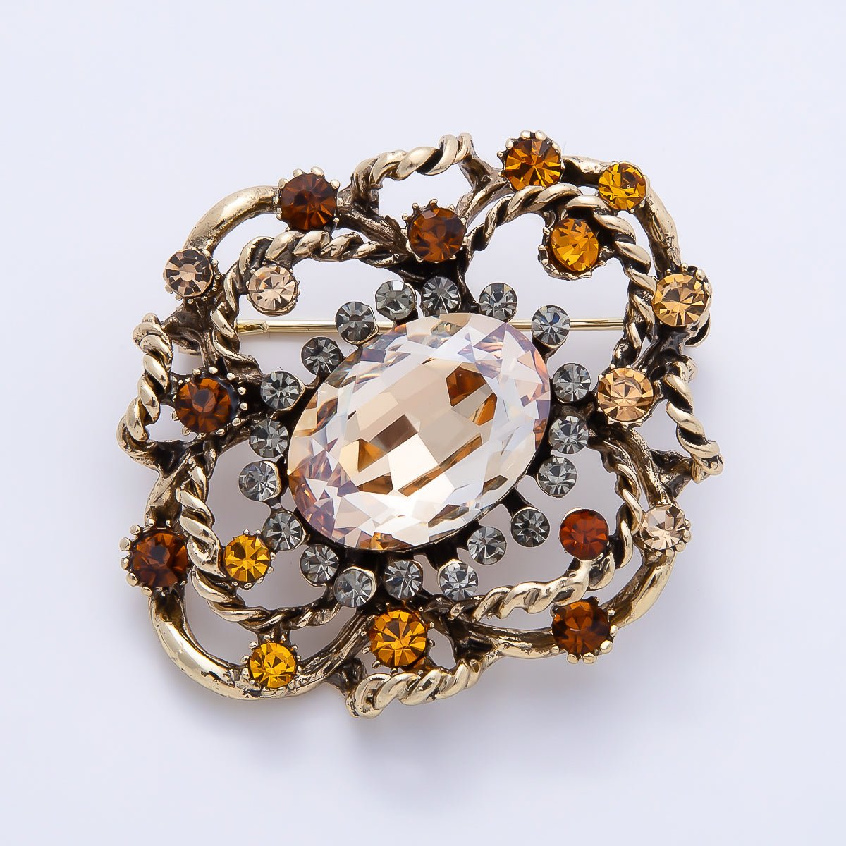 Vintage Gold 39mm Peach, Green Rhinestone Open Flower Rope Pin Brooch | BH-00165 BH-00166 - DLUXCA