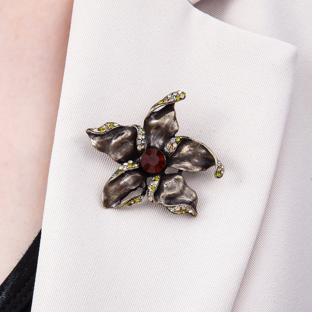 Vintage Gold 45mm Multicolor Rhinestone Foil Flower Pin Brooch | BH-00156 - DLUXCA