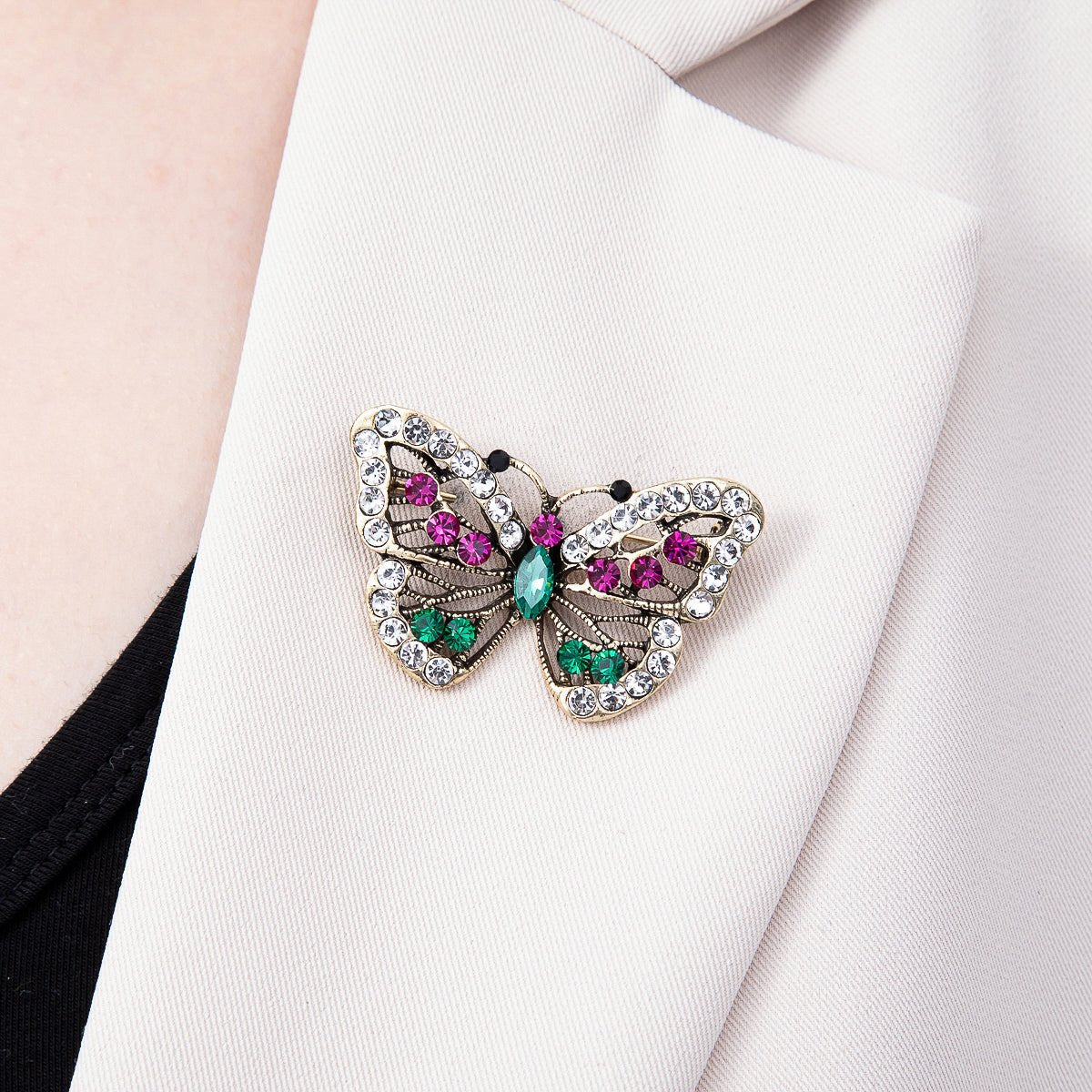 Vintage Gold 45mm Multicolor Rhinestone Open Butterfly Mariposa Animal Pin Brooch | BH-00158 - DLUXCA