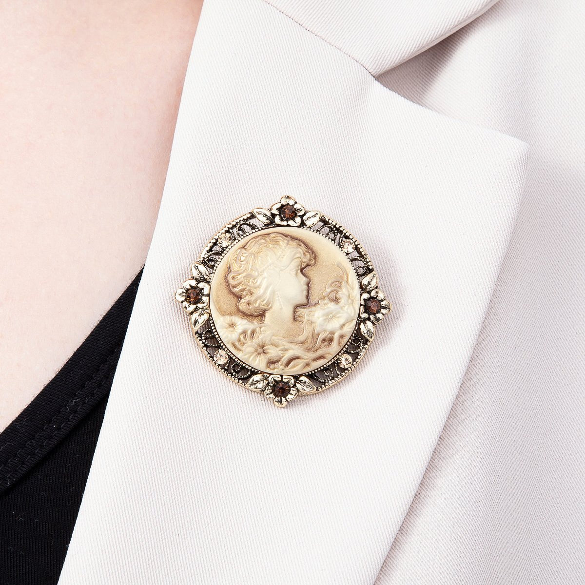 Vintage Gold 46mm Lady Portrait Cameo Flower Rhinestone Round Pin Brooch | BH-00170 - DLUXCA