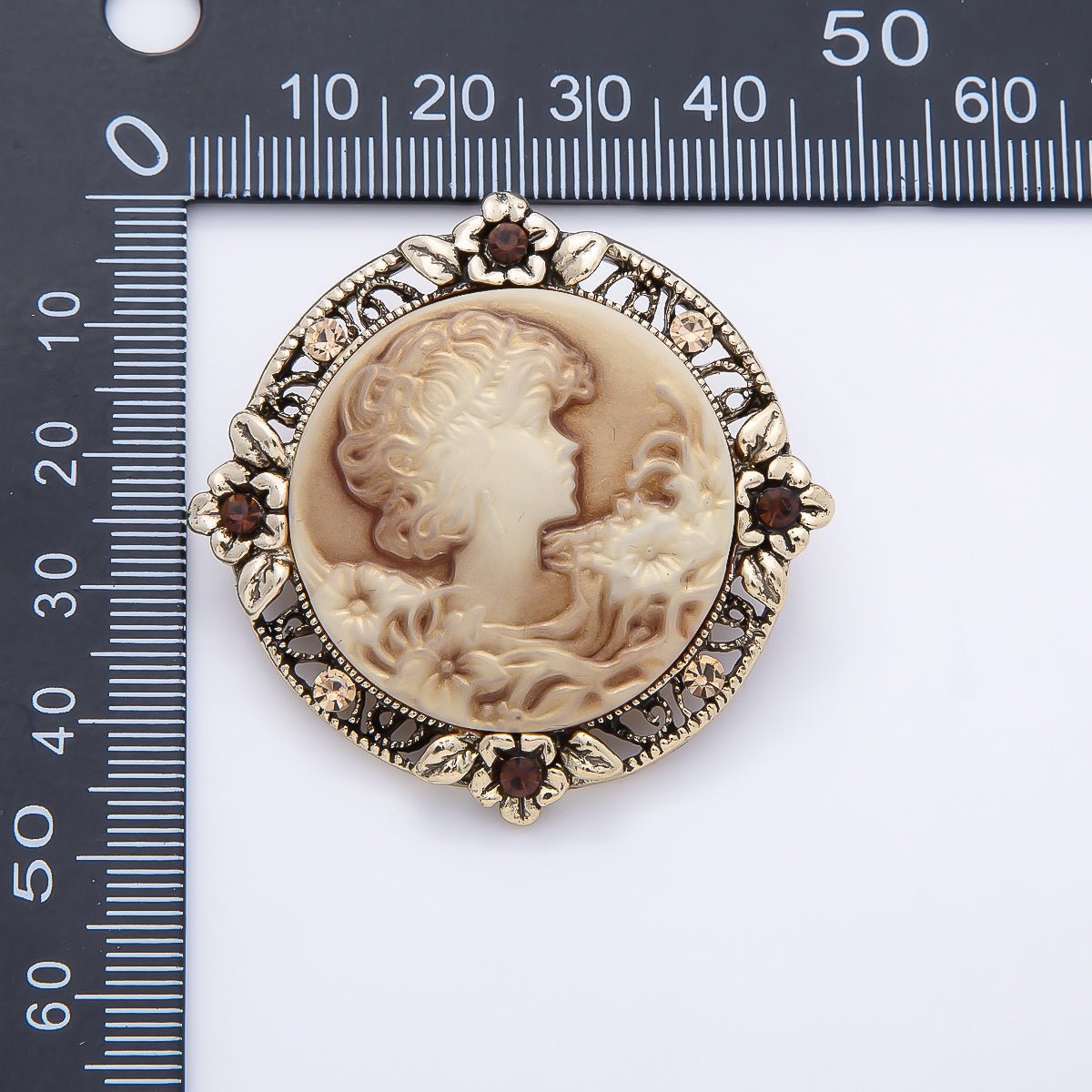 Vintage Gold 46mm Lady Portrait Cameo Flower Rhinestone Round Pin Brooch | BH-00170 - DLUXCA