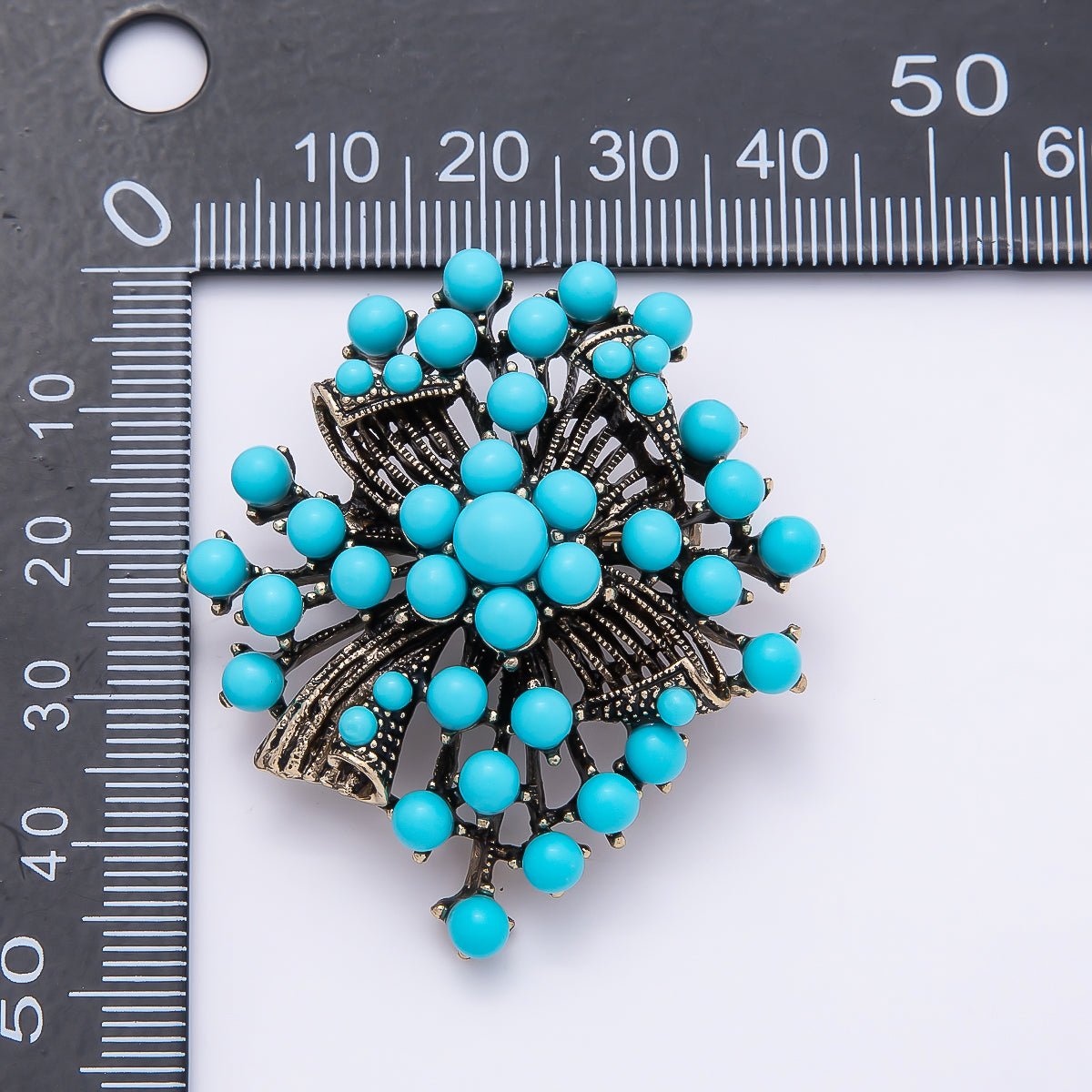 Vintage Gold 46mm x 42mm Turquoise Enamel Floral Geometric Pin Brooch | BH - 143 - DLUXCA