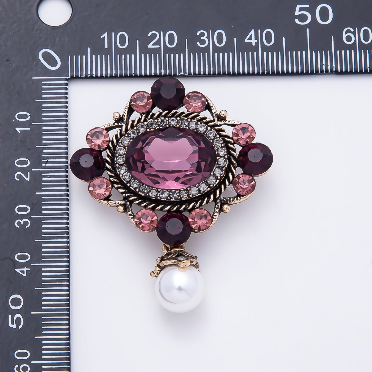 Vintage Gold 50mm Pink Rhinestone Shell Pearl Drop Pin Brooch | BH-00196 - DLUXCA