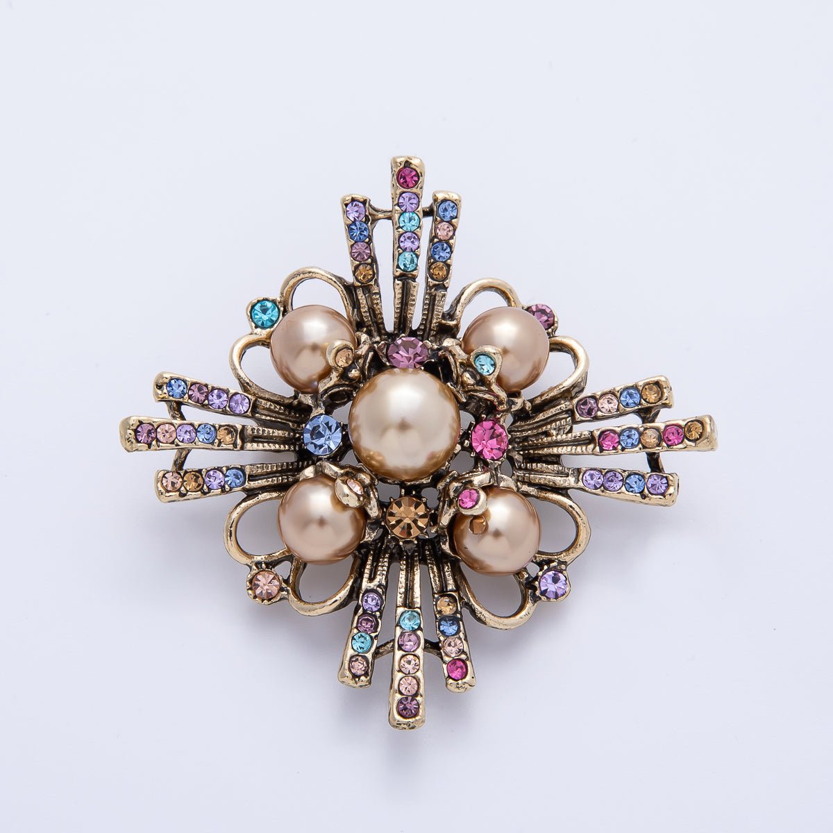 Vintage Gold 51mm x 38.5mm Multicolor Rhinestone Pearl Rhombus Pin Brooch | BH - 080 - DLUXCA