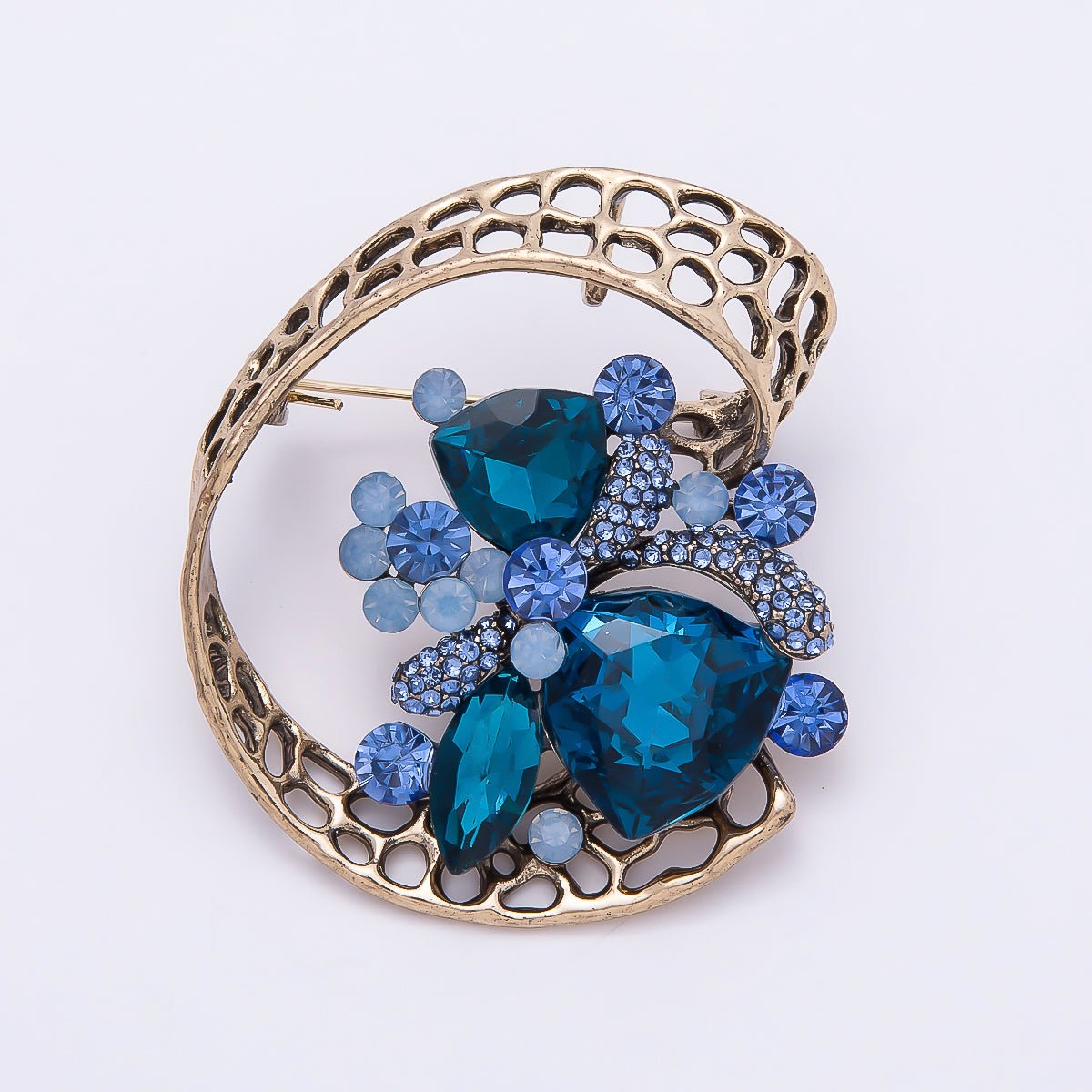 Vintage Gold 52mm x 47mm Blue Rhinestone Leaf Floral Geometric Pin Brooch | BH - 146 - DLUXCA