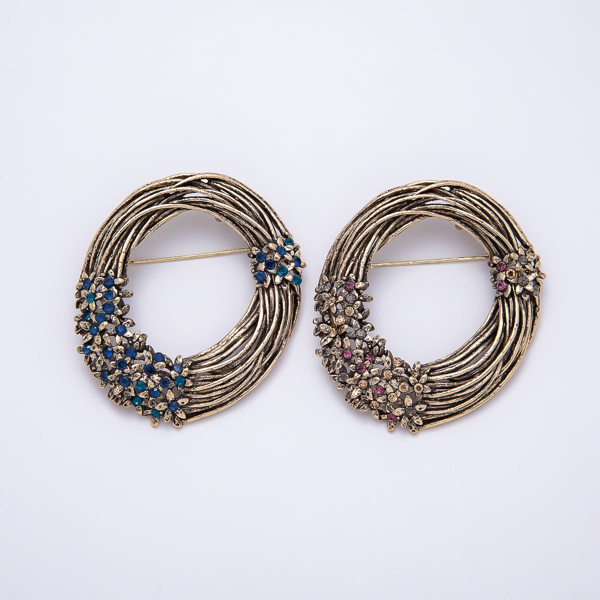 Vintage Gold 55mm Blue, Pink Rhinestone Cluster Linear Woven Wreath Flower Pin Brooch | BH-00187 BH-00188 - DLUXCA