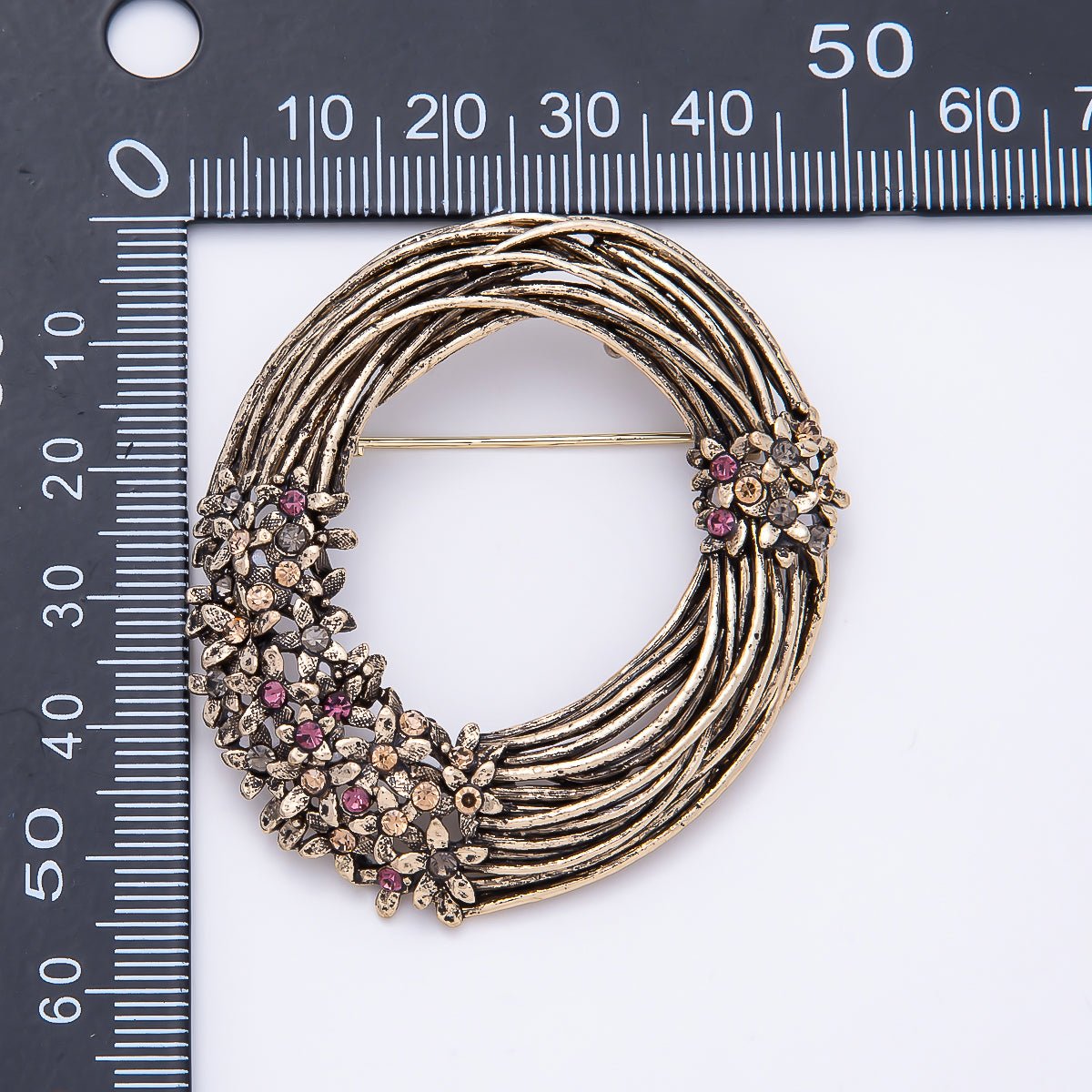 Vintage Gold 55mm Blue, Pink Rhinestone Cluster Linear Woven Wreath Flower Pin Brooch | BH-00187 BH-00188 - DLUXCA