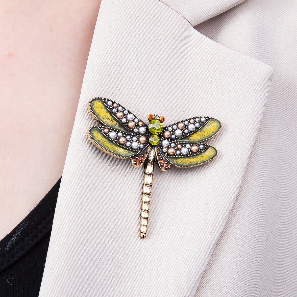 Vintage Gold 55mm Multicolor Rhinestone Shell Pearl Green Dragonfly Pin Brooch | BH-00154 - DLUXCA