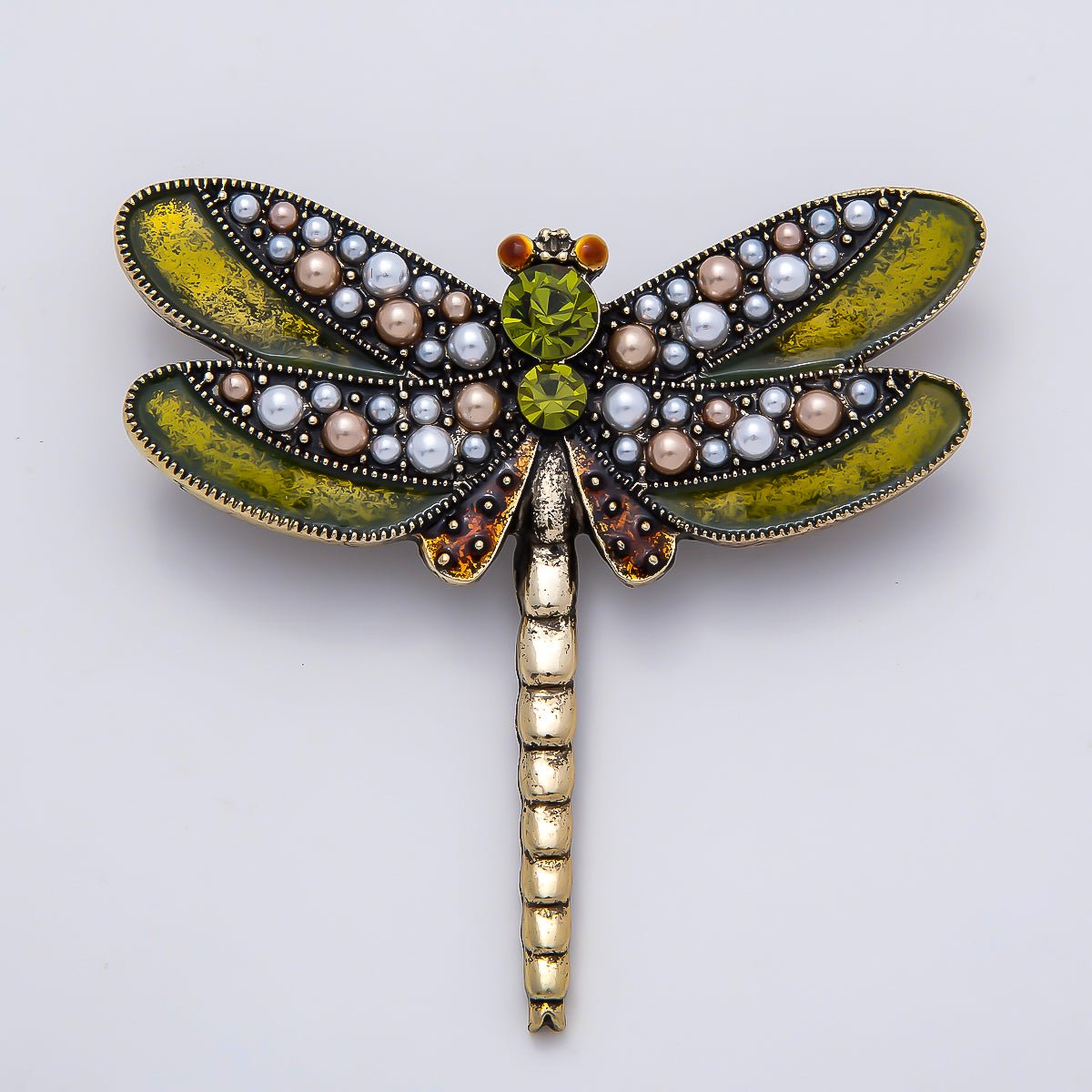 Vintage Gold 55mm Multicolor Rhinestone Shell Pearl Green Dragonfly Pin Brooch | BH-00154 - DLUXCA