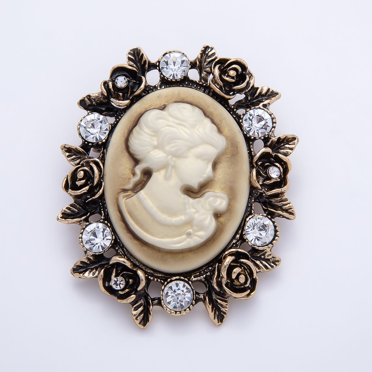 Vintage Gold 59mm Clear Rhinestone Lady Portrait Cameo Rose Flower Oval Pin Brooch | BH-00183 - DLUXCA