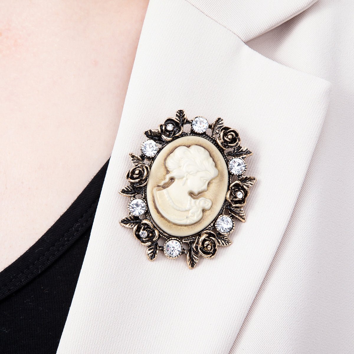 Vintage Gold 59mm Clear Rhinestone Lady Portrait Cameo Rose Flower Oval Pin Brooch | BH-00183 - DLUXCA