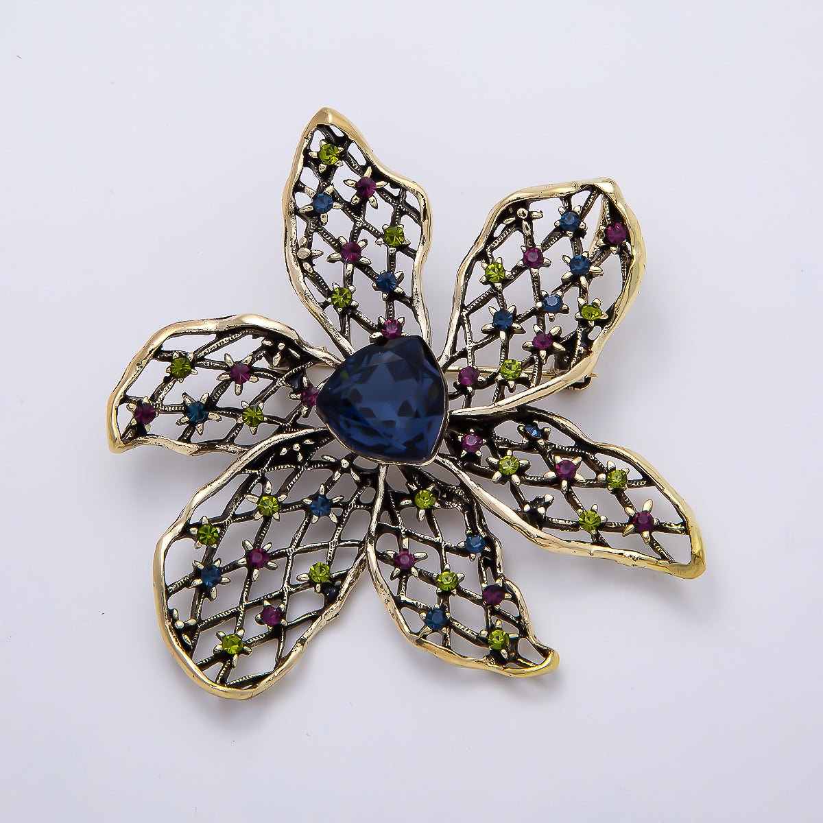 Vintage Gold 60mm Blue Rhinestone Filigree Flower Pin Brooch | BH-00152 - DLUXCA