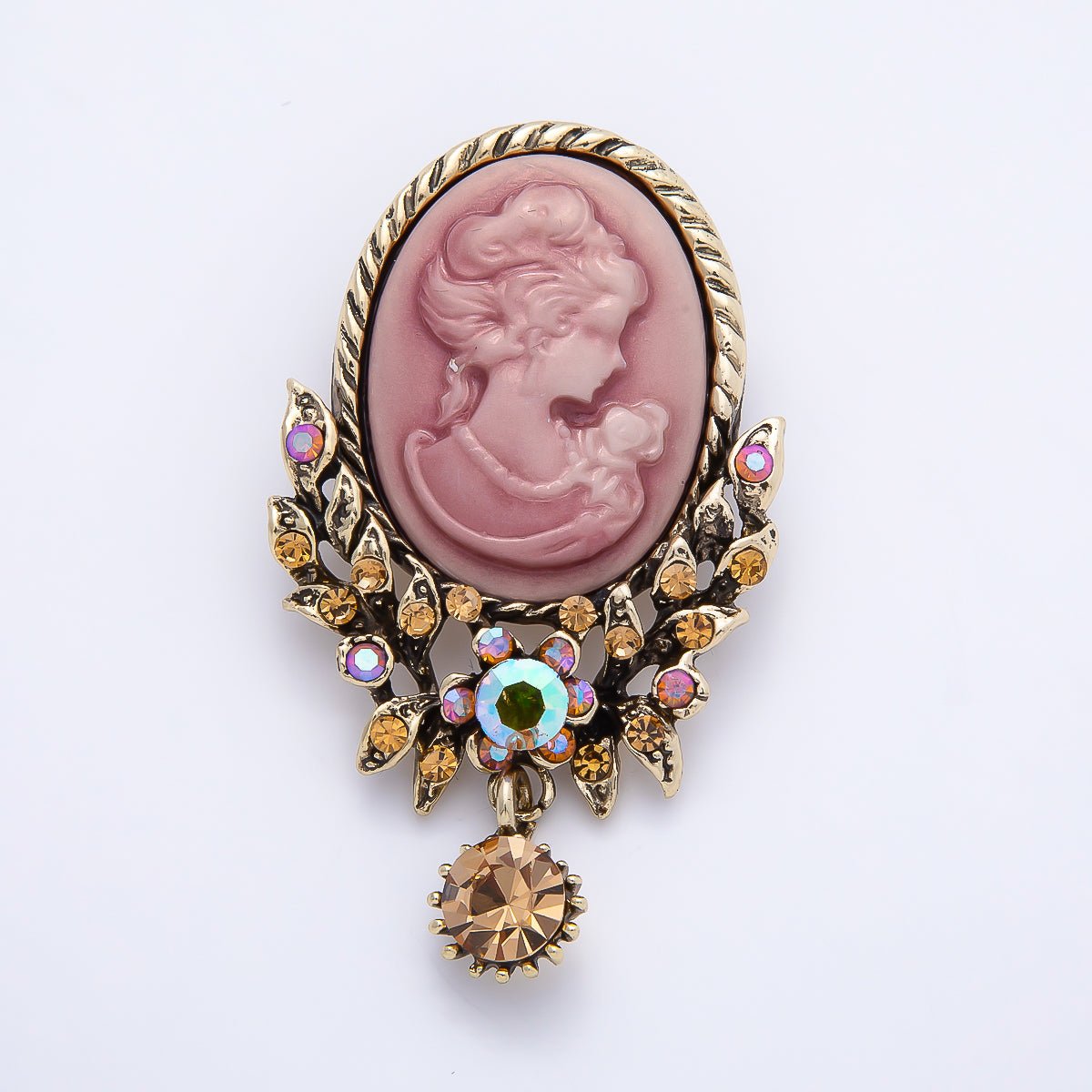 Vintage Gold 60mm Lady Portrait Cameo Pink Rhinestone Flower Drop Pin Brooch | BH-00159 - DLUXCA