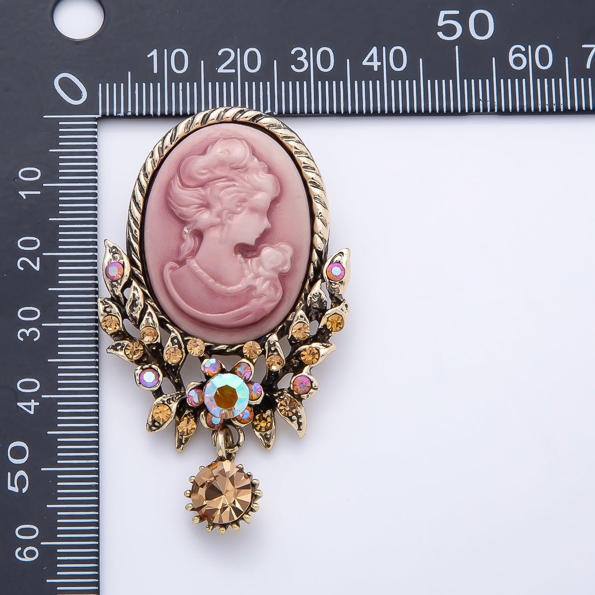 Vintage Gold 60mm Lady Portrait Cameo Pink Rhinestone Flower Drop Pin Brooch | BH-00159 - DLUXCA