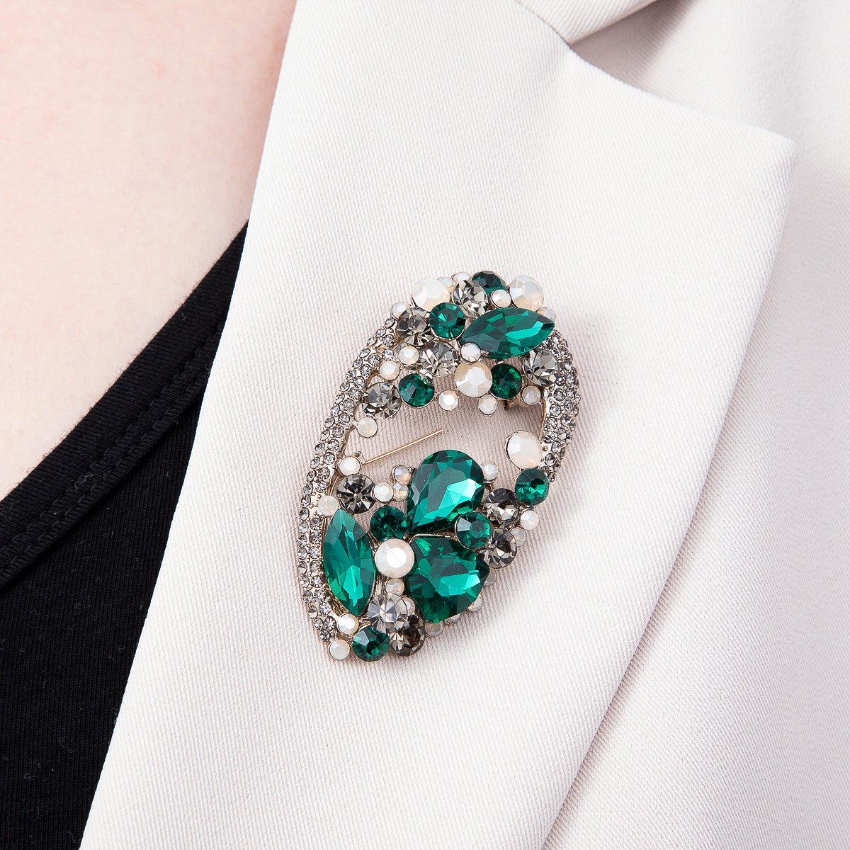 Vintage Gold 63mm Grey, Green, Clear Multi-Cut Rhinestone Open Oval Statement Pin Brooch | BH-00177 ~ BH-00179 - DLUXCA