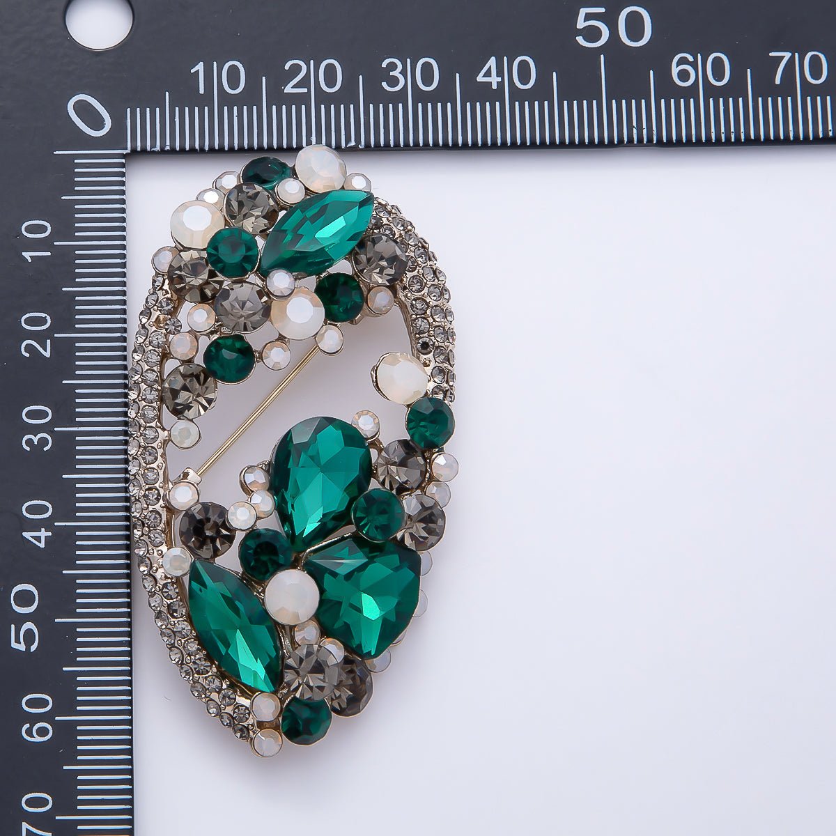 Vintage Gold 63mm Grey, Green, Clear Multi-Cut Rhinestone Open Oval Statement Pin Brooch | BH-00177 ~ BH-00179 - DLUXCA