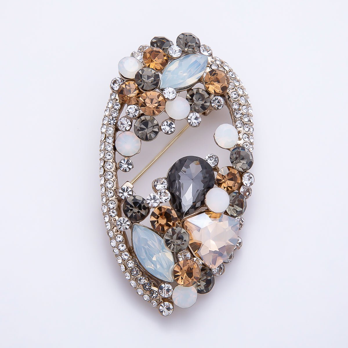 Vintage Gold 63mm Grey, Green, Clear Multi-Cut Rhinestone Open Oval Statement Pin Brooch | BH-00177 ~ BH-00179 - DLUXCA