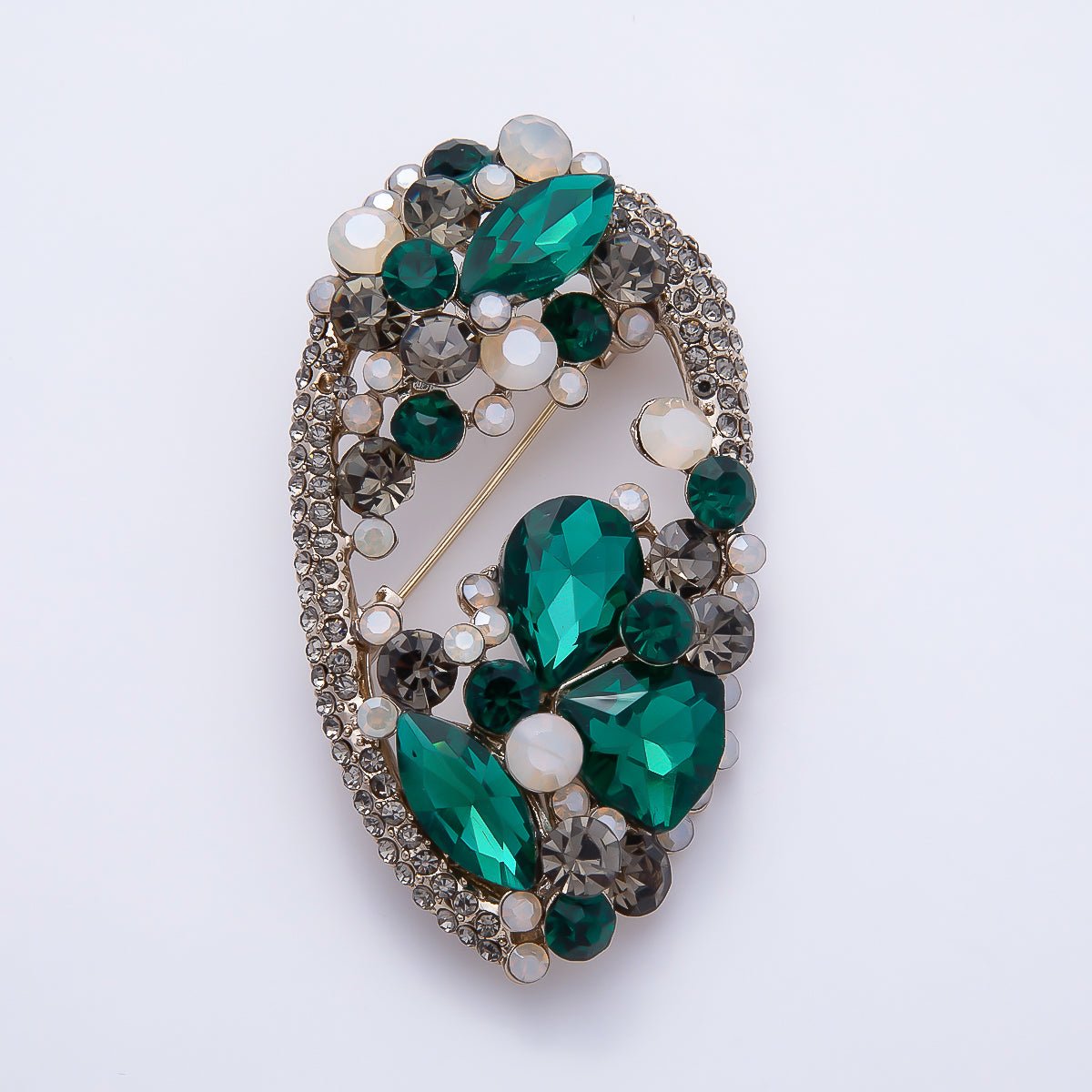Vintage Gold 63mm Grey, Green, Clear Multi-Cut Rhinestone Open Oval Statement Pin Brooch | BH-00177 ~ BH-00179 - DLUXCA