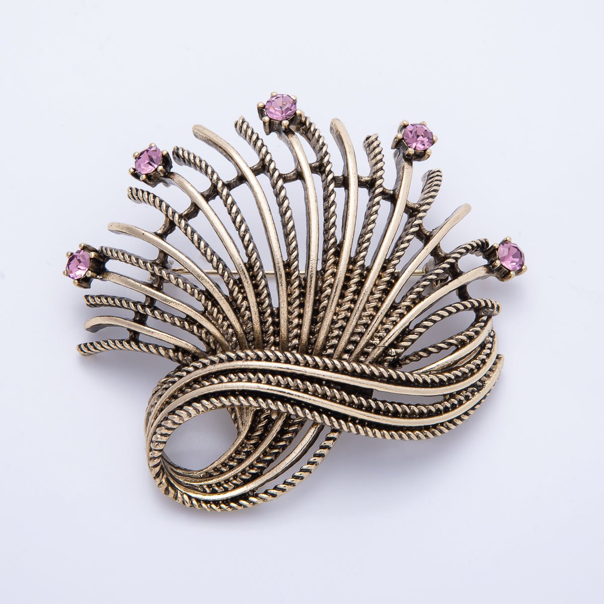 Vintage Gold 68mm x 67mm Pink Rhinestone Curved Geometric Pin Brooch | BH - 079 - DLUXCA