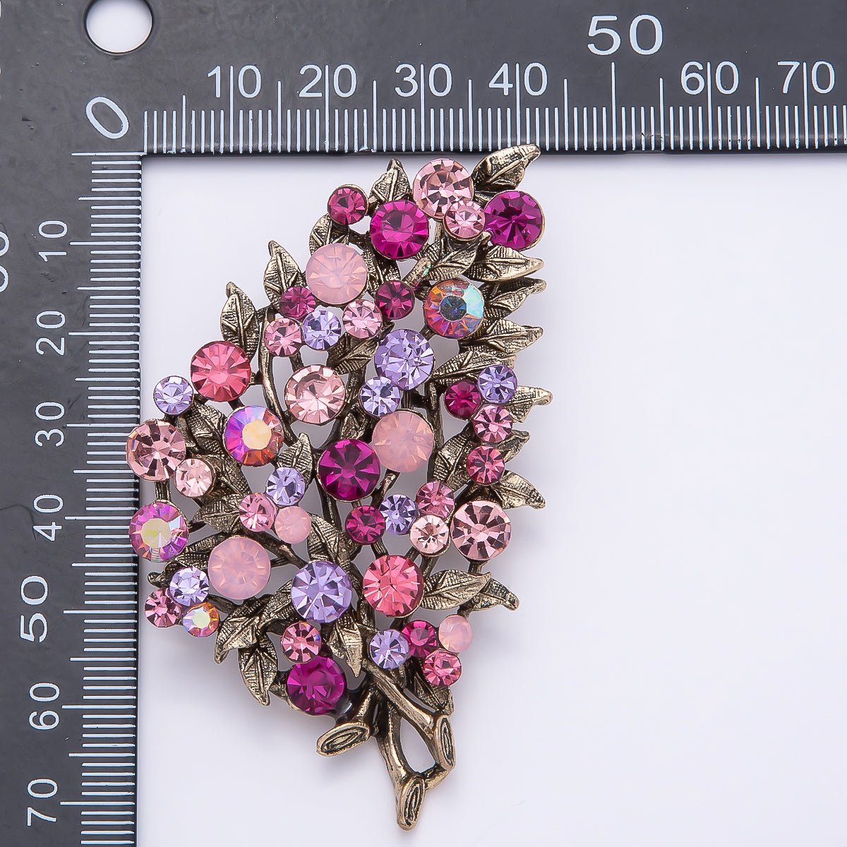 Vintage Gold 72mm x 43mm Green, Pink Rhinestone Flower Leaf Nature Pin Brooch | BH - 125 BH - 126 - DLUXCA