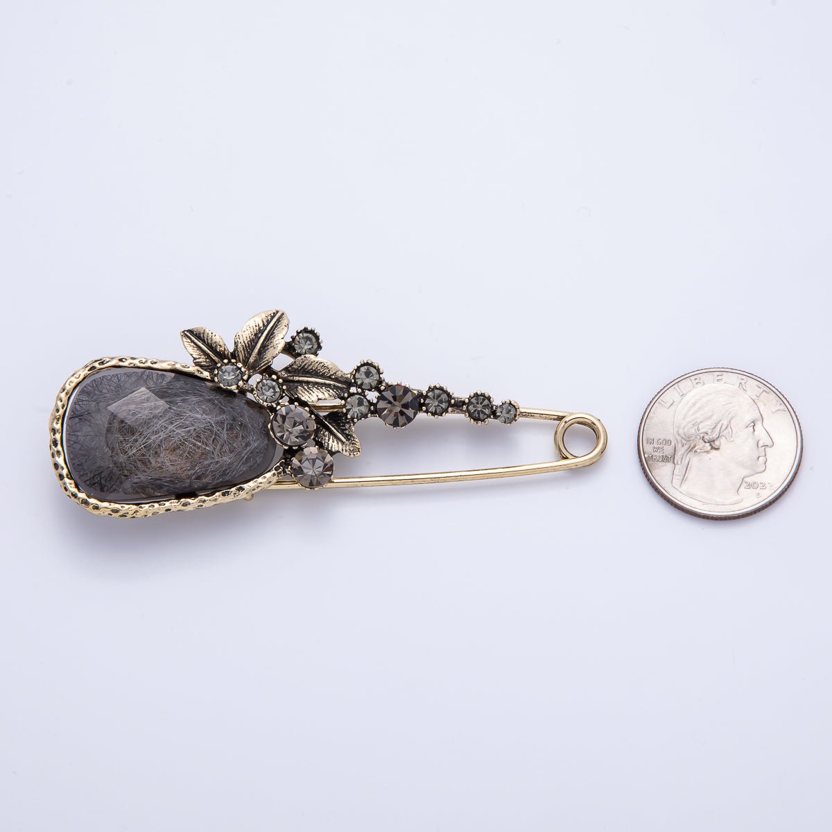 Vintage Gold 82mm x 31mm Dark Rhinestone Flower Safety Pin Brooch | BH - 068 - DLUXCA
