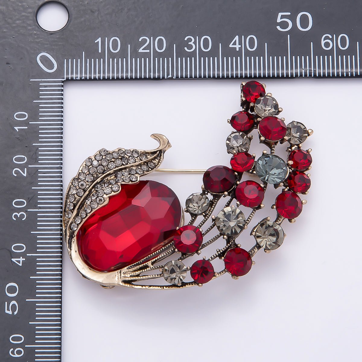 Vintage Gold Green, Red Rhinestone Curved Leaf Nature Pin Brooch | BH - 144 BH - 145 - DLUXCA