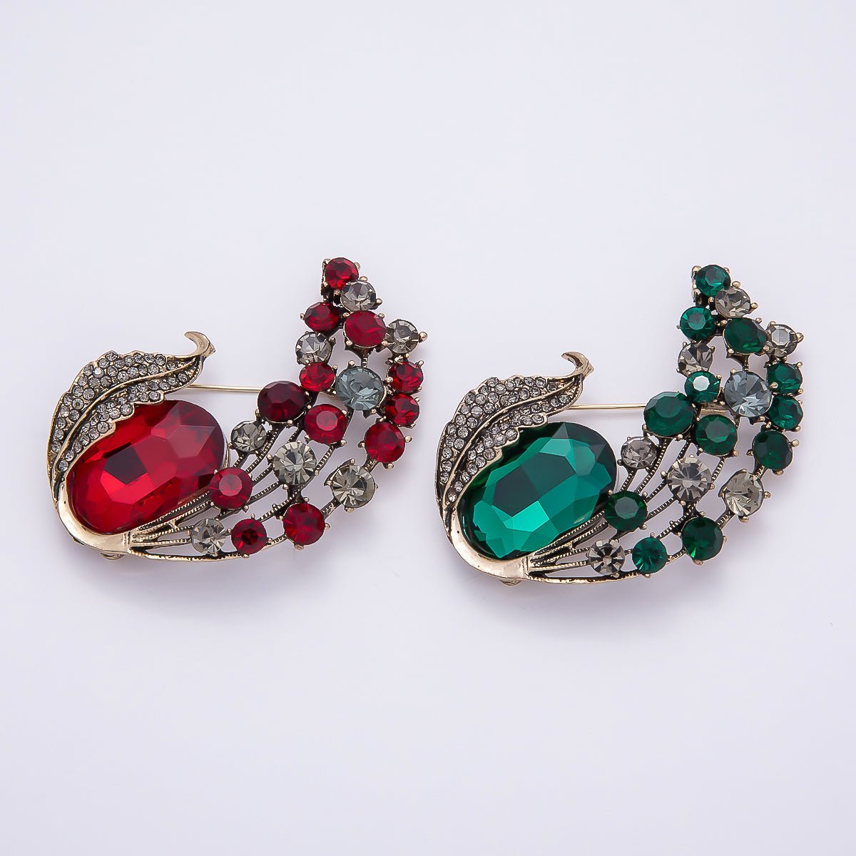 Vintage Gold Green, Red Rhinestone Curved Leaf Nature Pin Brooch | BH - 144 BH - 145 - DLUXCA