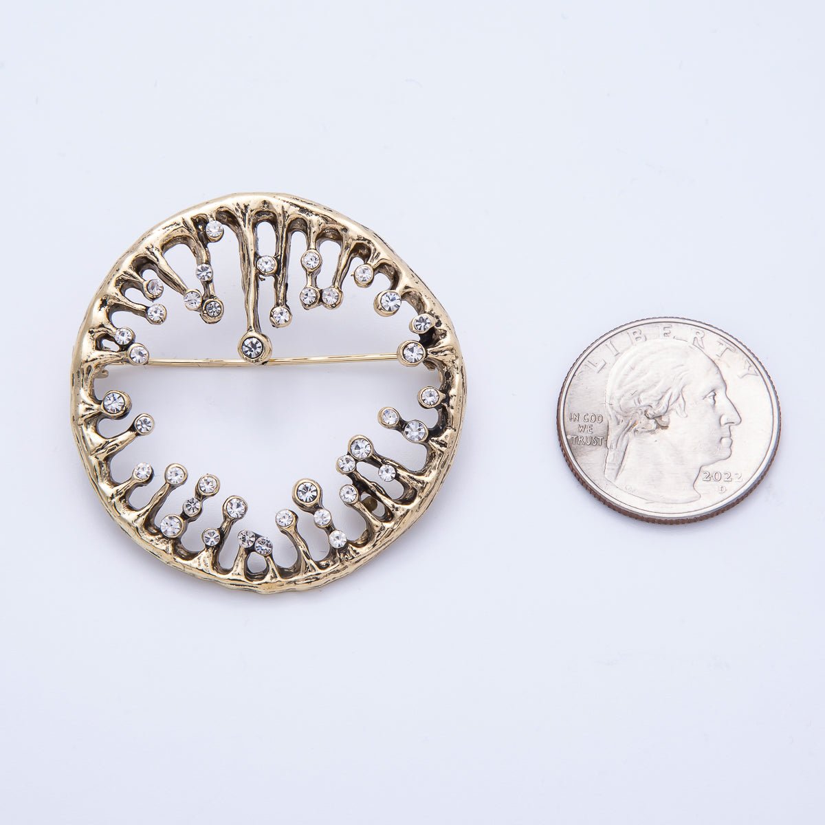 Vintage Gold Rhinestone Round Molten Drip Open Round Pin Brooch | BH - 086 - DLUXCA