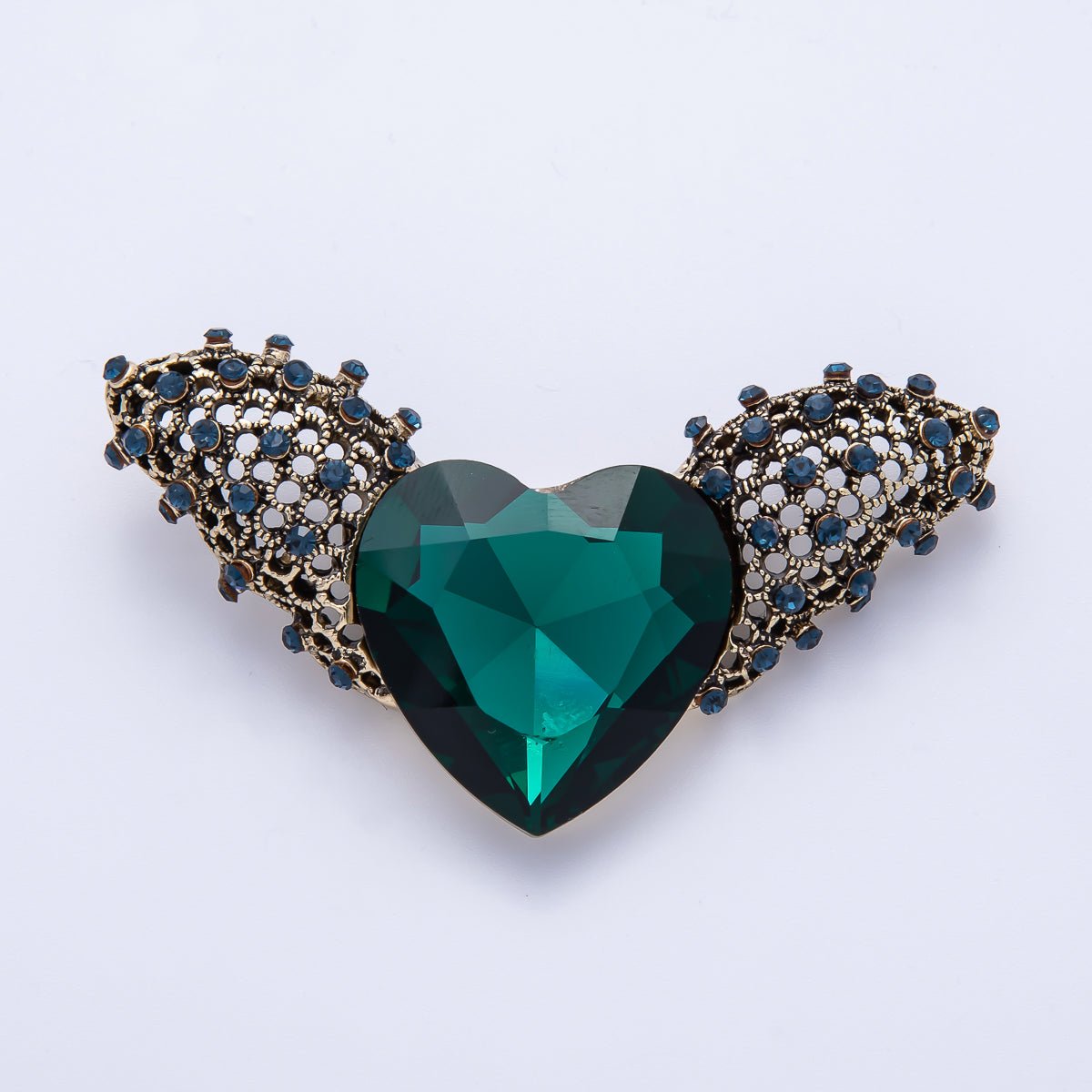 Vintage Turquoise Green Rhinestone Heart Wings Pin Brooch | BH - 064 - DLUXCA