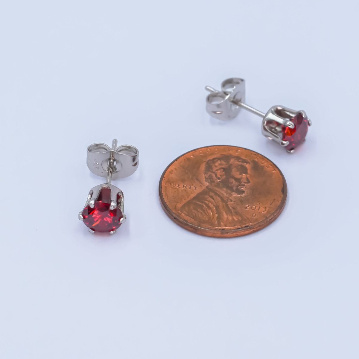 White Gold Filled 7mm Red CZ Mini Stud Earrings | AB1071 - DLUXCA
