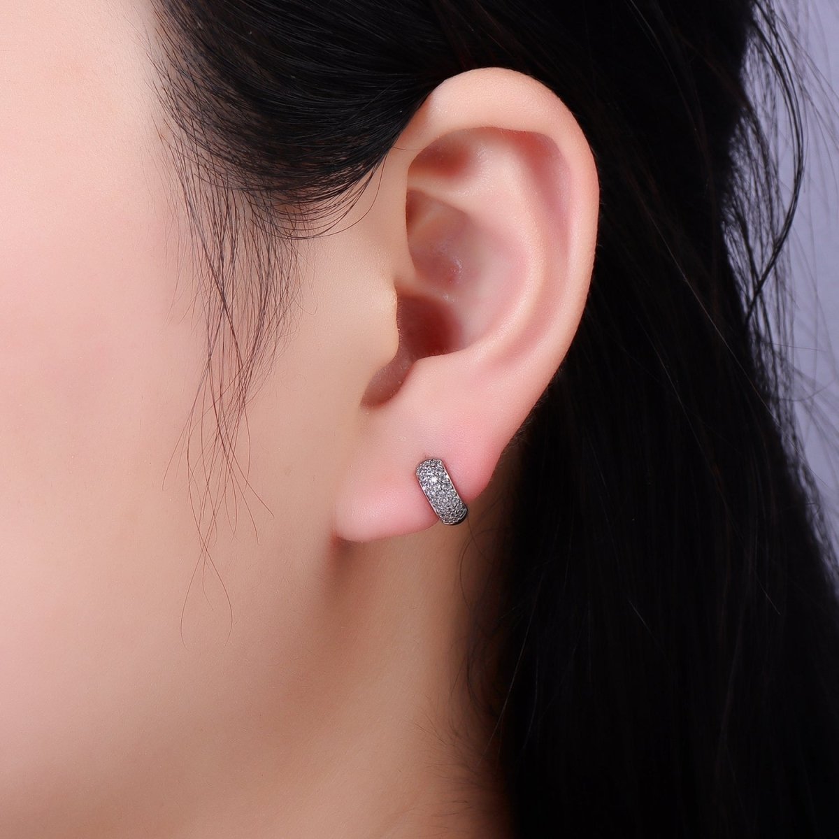 White Gold Filled Micro Paved CZ Wide Cartilage Huggie Earrings | AE527 - DLUXCA