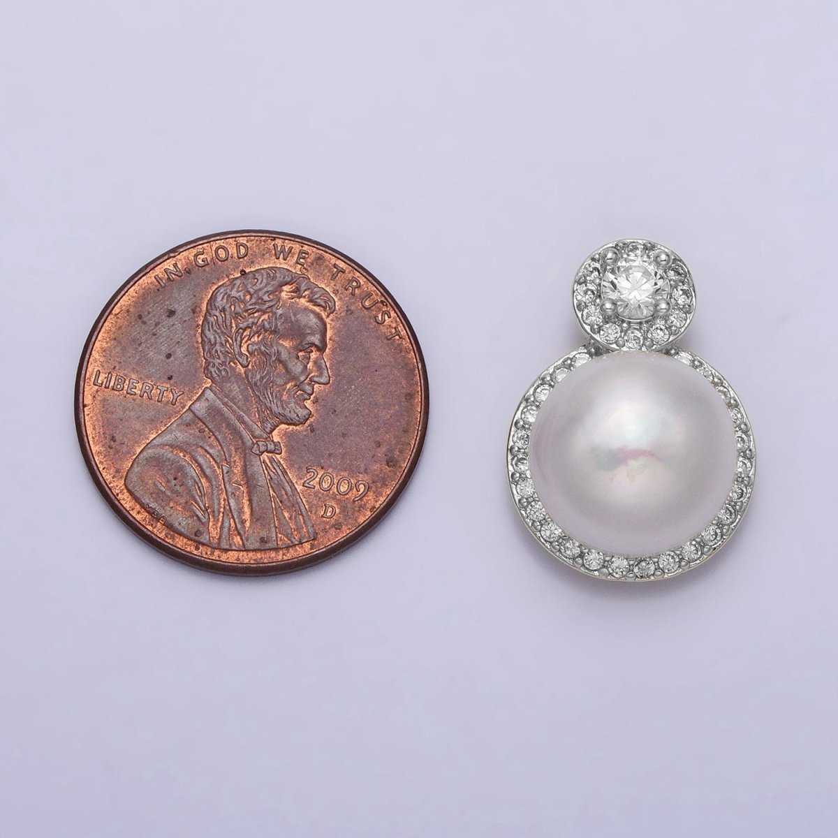 White Gold Filled Shell Pearl Round Micro Paved CZ Pendant | P1571 - DLUXCA