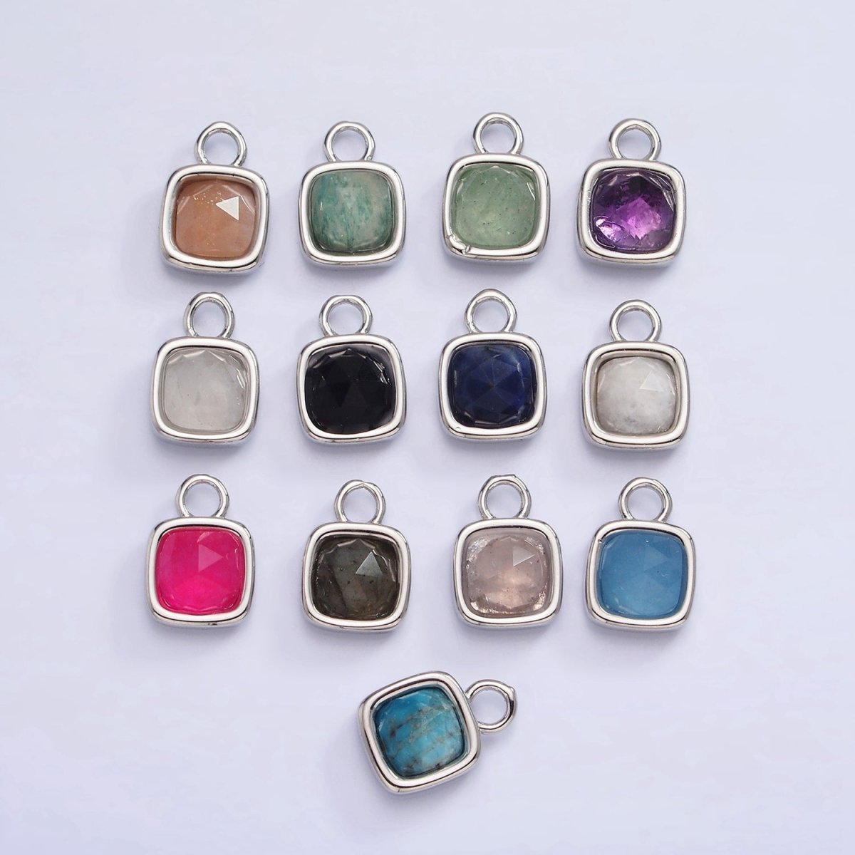 White Gold Filled Square Multifaceted Natural Gemstone Personalized Add - On Silver Charm | AC1530 - AC1542 - DLUXCA