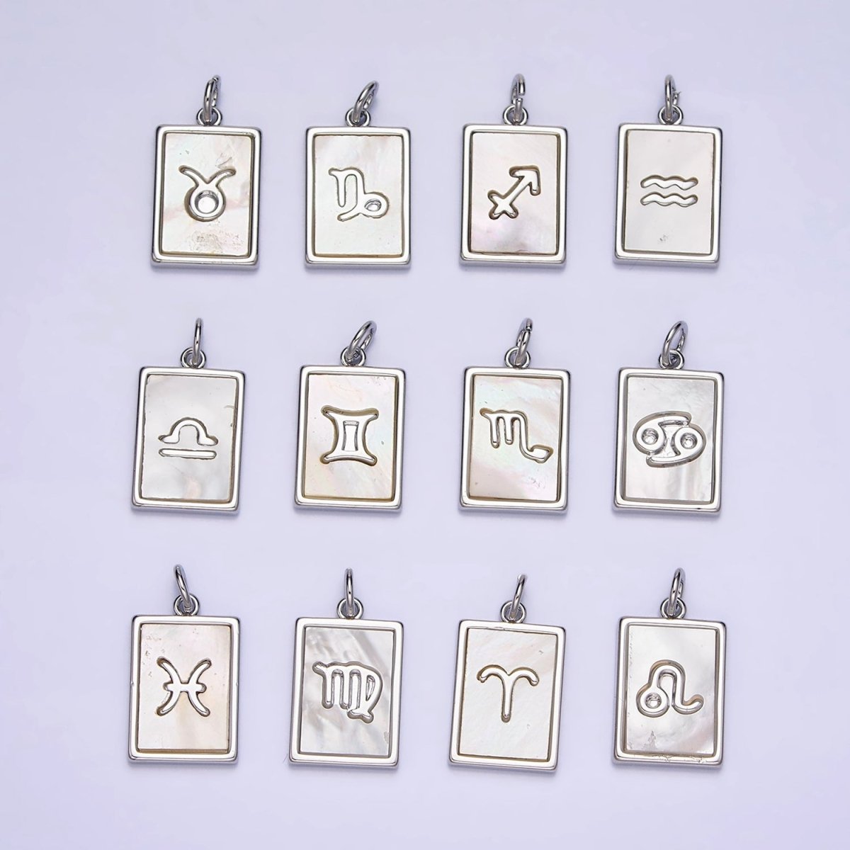 White Gold Filled Zodiac Sign Shell Pearl Rectangular Tag Charm | A1259 - A1270 - DLUXCA