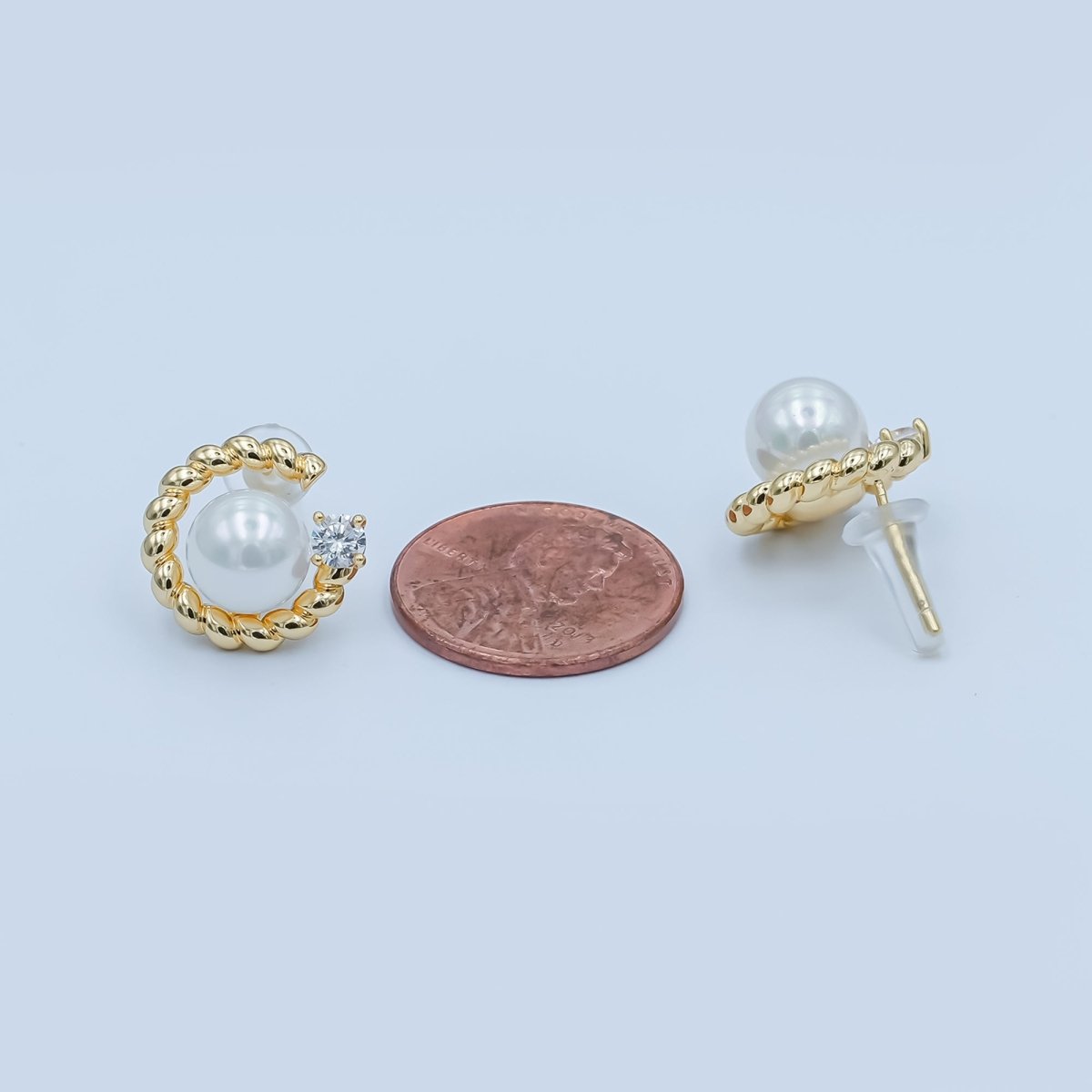 White Shell Pearl CZ Croissant C - Shaped Stud Earrings in Gold & Silver | AD1359 AD1360 - DLUXCA
