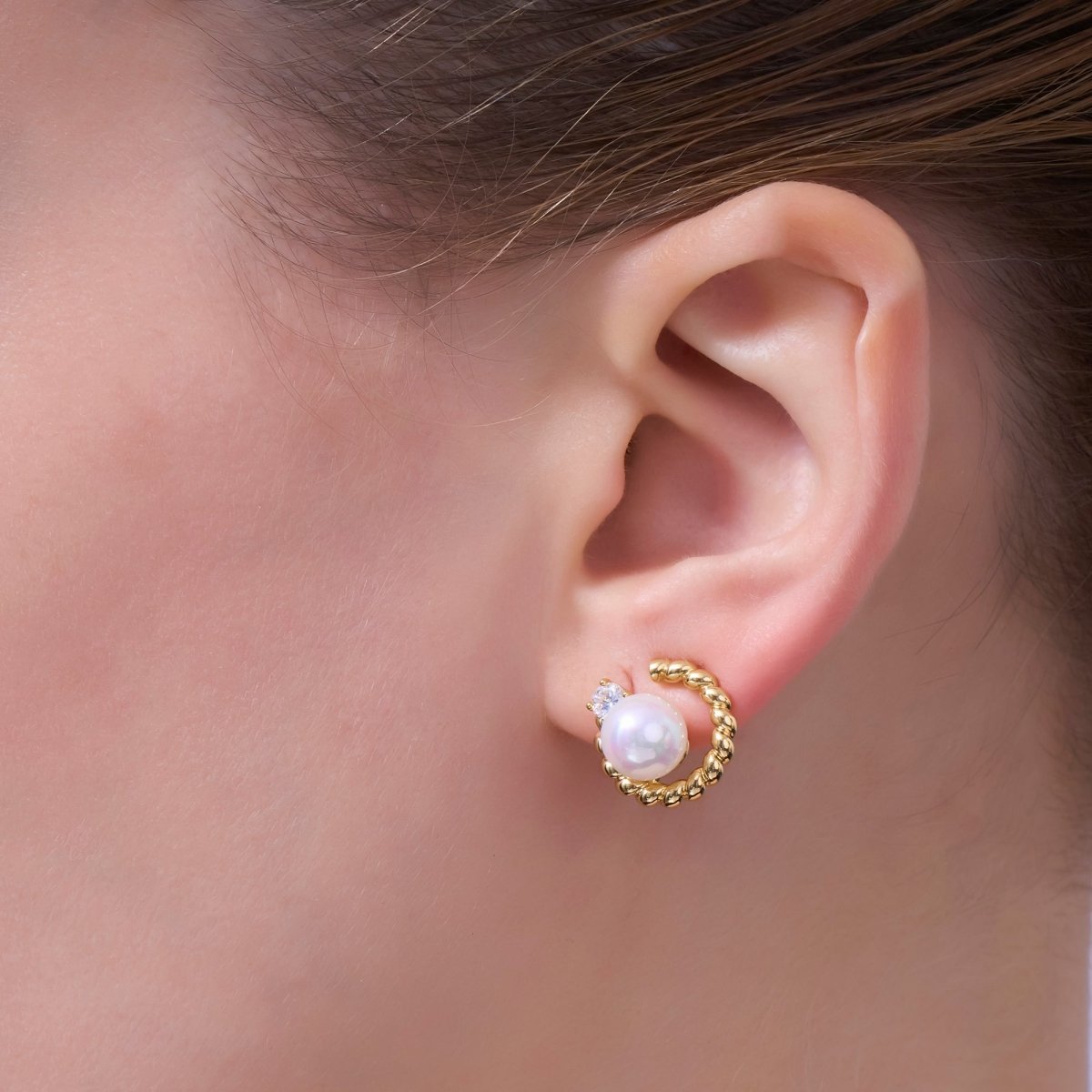 White Shell Pearl CZ Croissant C - Shaped Stud Earrings in Gold & Silver | AD1359 AD1360 - DLUXCA
