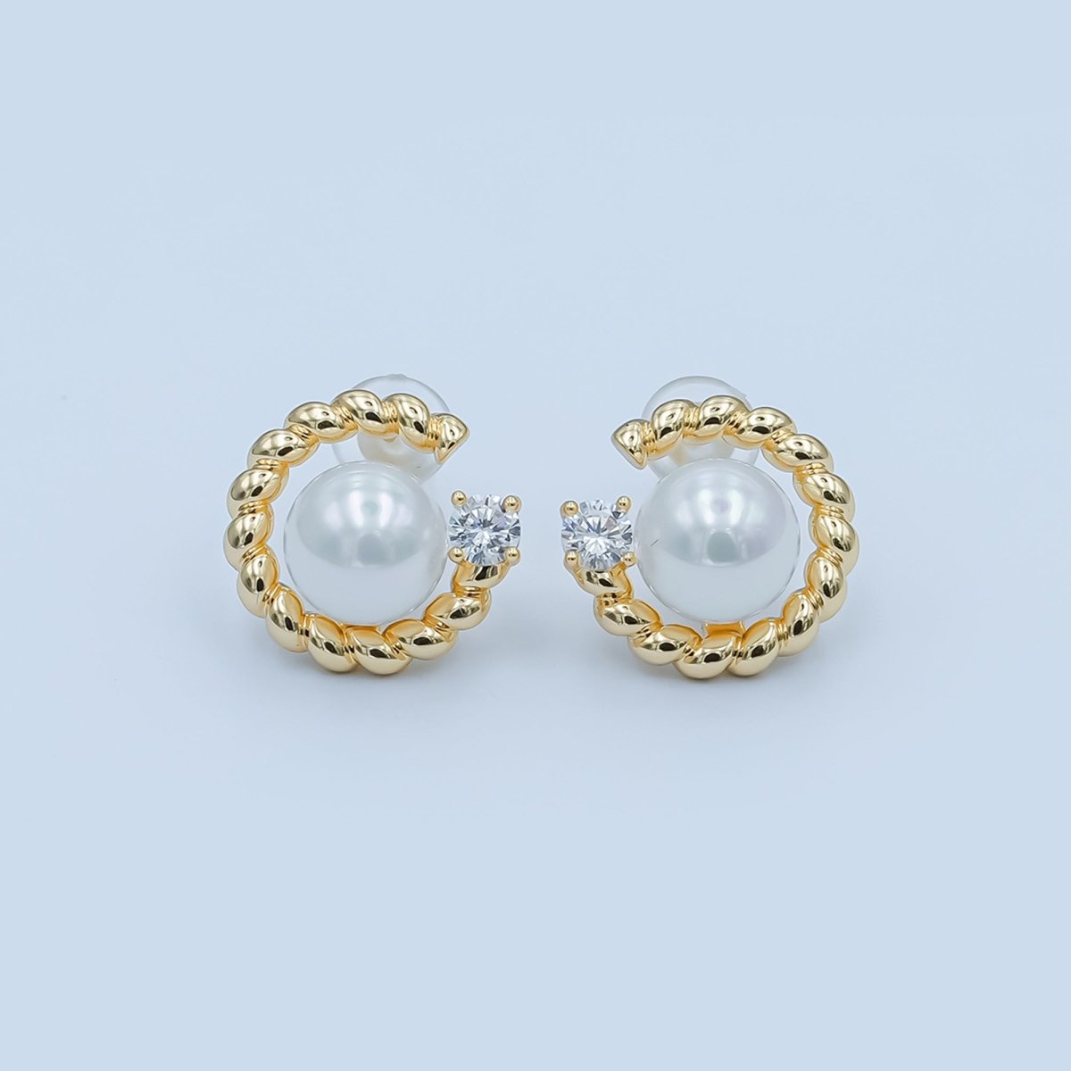 White Shell Pearl CZ Croissant C - Shaped Stud Earrings in Gold & Silver | AD1359 AD1360 - DLUXCA