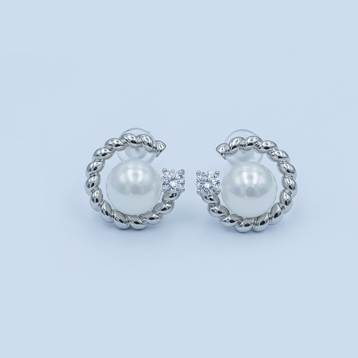 White Shell Pearl CZ Croissant C - Shaped Stud Earrings in Gold & Silver | AD1359 AD1360 - DLUXCA