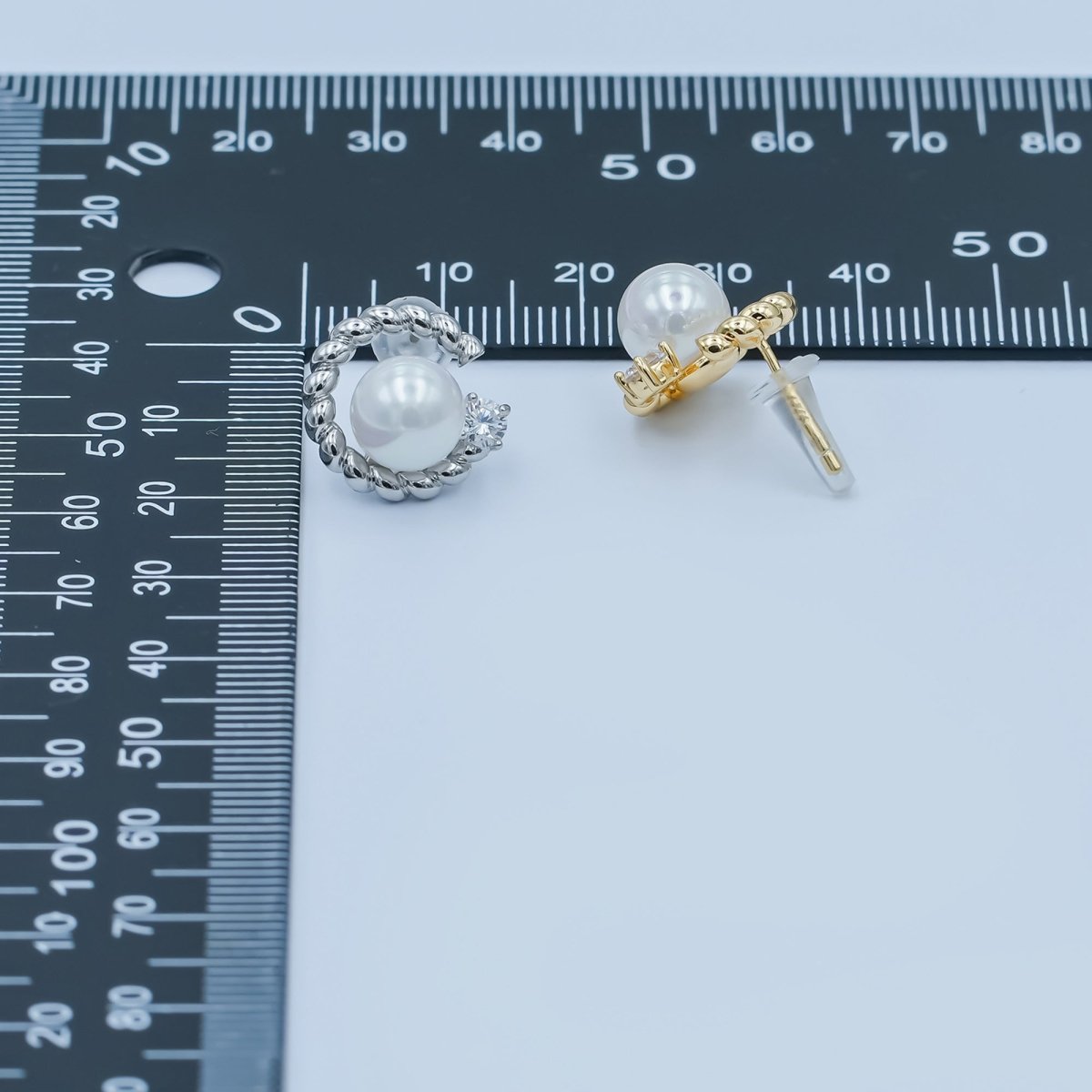 White Shell Pearl CZ Croissant C - Shaped Stud Earrings in Gold & Silver | AD1359 AD1360 - DLUXCA