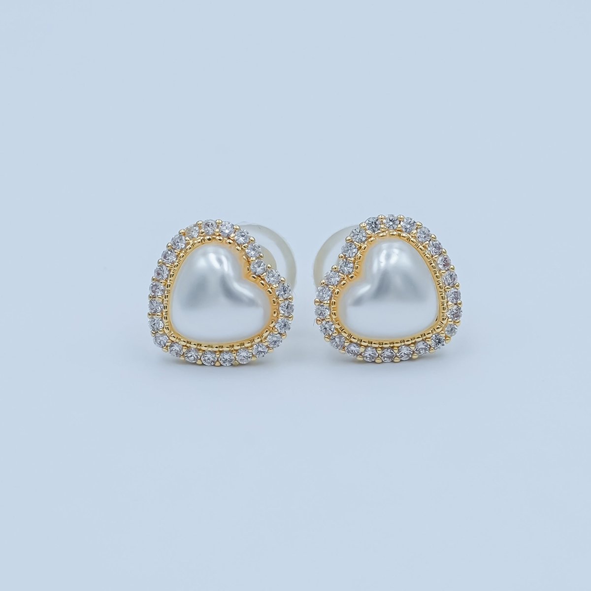 White Shell Pearl Micro Paved CZ Bezel Stud Earrings in Gold & Silver | AE886 AE888 - DLUXCA