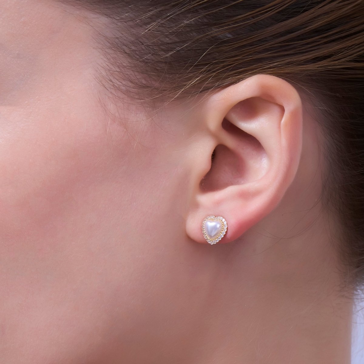 White Shell Pearl Micro Paved CZ Bezel Stud Earrings in Gold & Silver | AE886 AE888 - DLUXCA