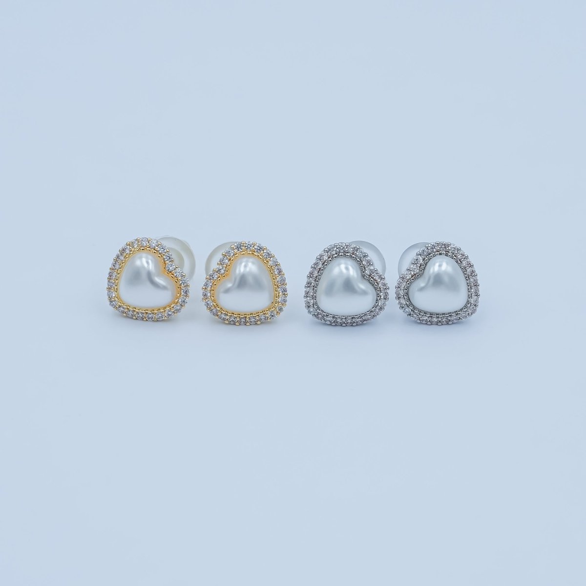 White Shell Pearl Micro Paved CZ Bezel Stud Earrings in Gold & Silver | AE886 AE888 - DLUXCA