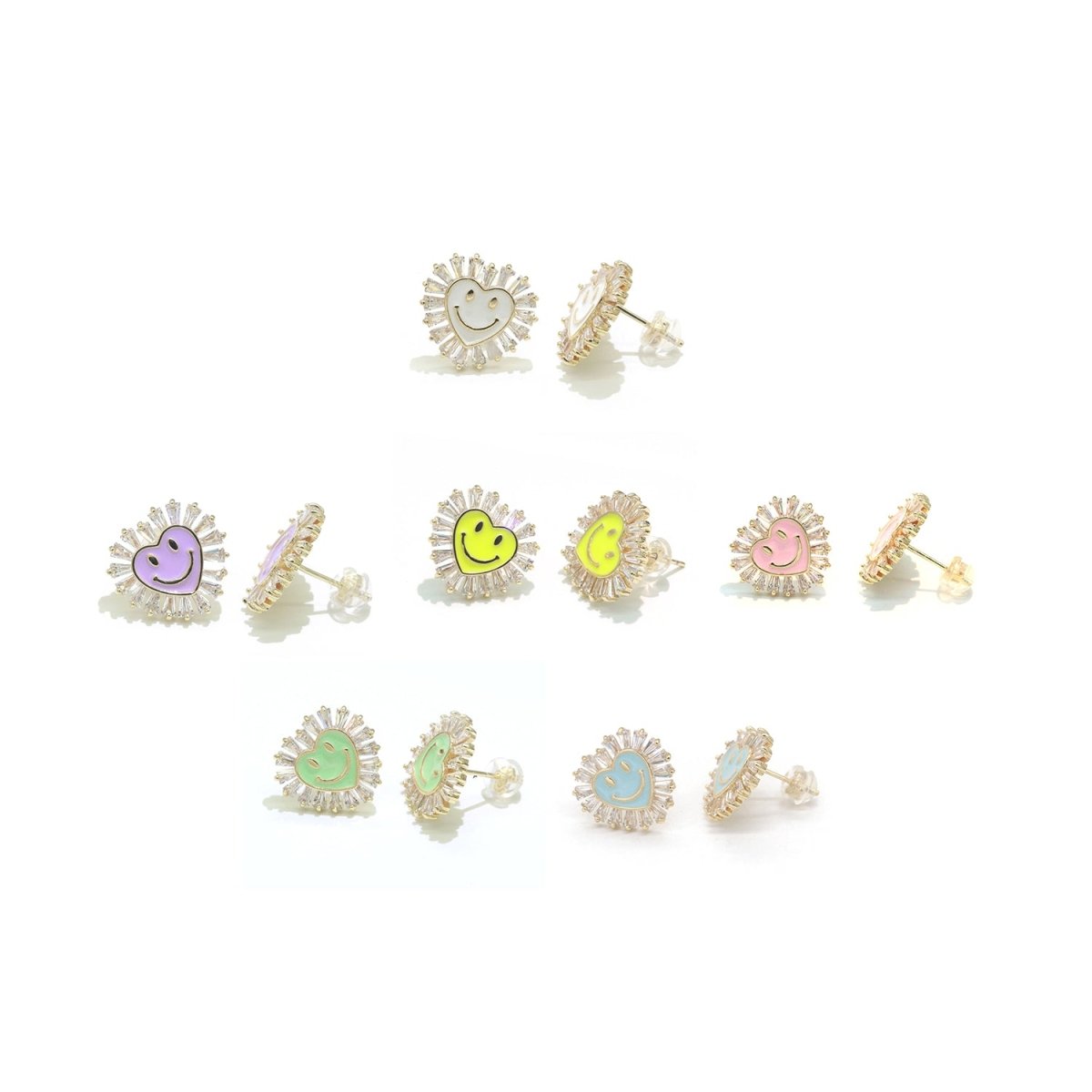 1 pair Cz Gold Happy Face Stud Earrings, Heart Face Enamel Minimalist Jewelry, Simple Everyday Earrings, Best Friend, Birthday Gift - DLUXCA