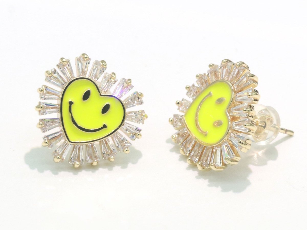 1 pair Cz Gold Happy Face Stud Earrings, Heart Face Enamel Minimalist Jewelry, Simple Everyday Earrings, Best Friend, Birthday Gift - DLUXCA