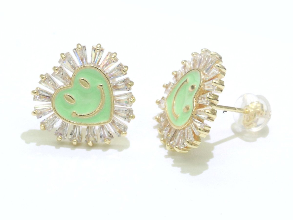 1 pair Cz Gold Happy Face Stud Earrings, Heart Face Enamel Minimalist Jewelry, Simple Everyday Earrings, Best Friend, Birthday Gift - DLUXCA