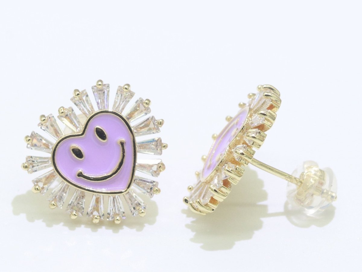 1 pair Cz Gold Happy Face Stud Earrings, Heart Face Enamel Minimalist Jewelry, Simple Everyday Earrings, Best Friend, Birthday Gift - DLUXCA