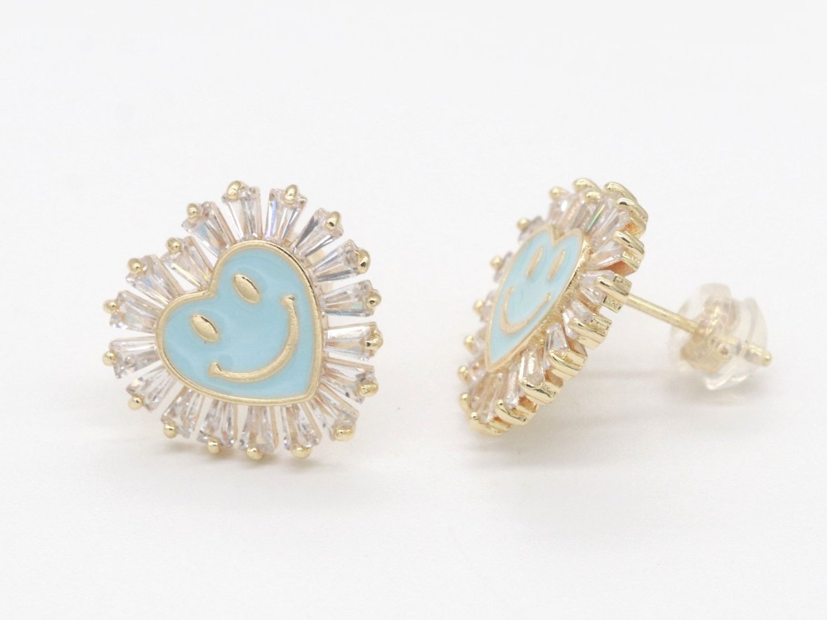 1 pair Cz Gold Happy Face Stud Earrings, Heart Face Enamel Minimalist Jewelry, Simple Everyday Earrings, Best Friend, Birthday Gift - DLUXCA